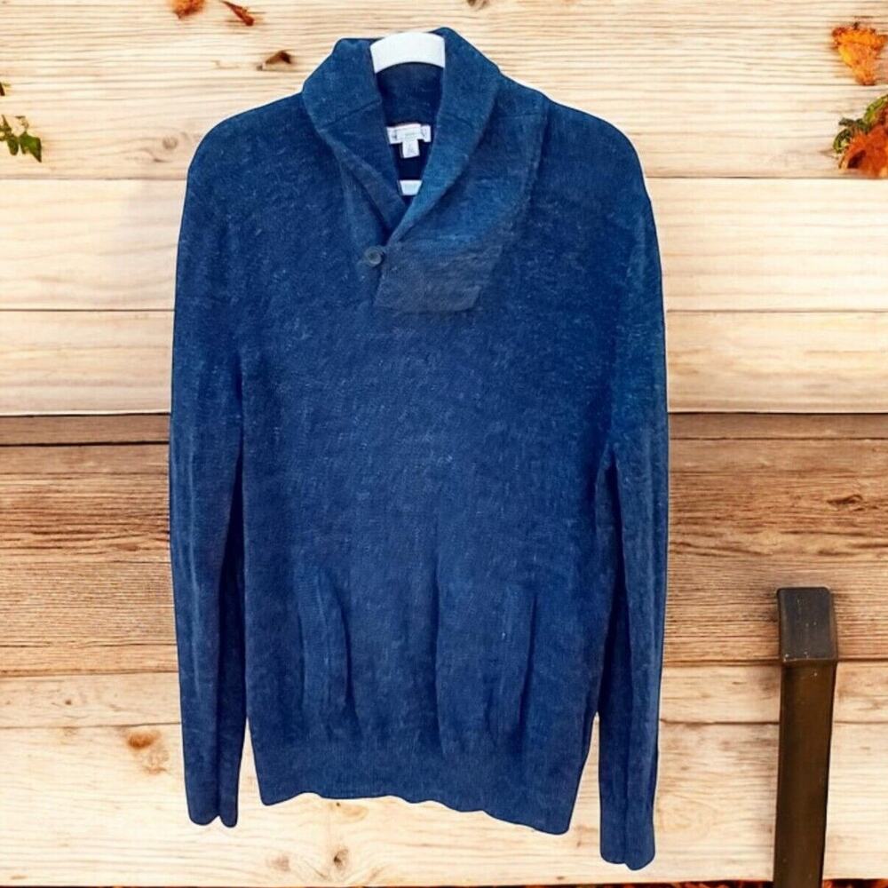 Gap Men's Shawl Neck Cotton Sweater | Heather Blue | Kangaroo Pocket | Size L